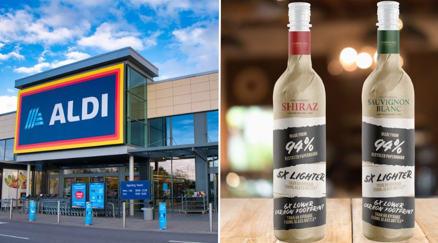 Aldi has become the UK's first supermarket to launch its own-brand paper wine bottles thanks to its cooperation with Ipswich-based Frugalpac.