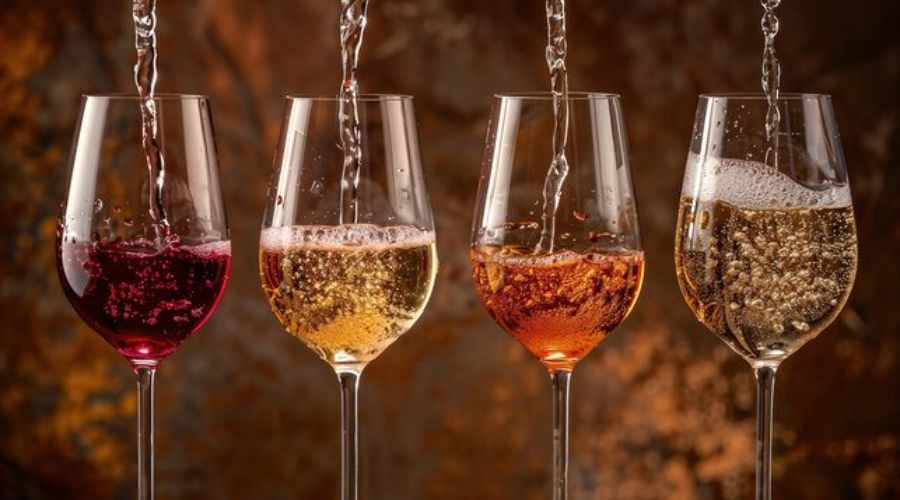 Wines being poured into four glasses white wine red wine rose wine