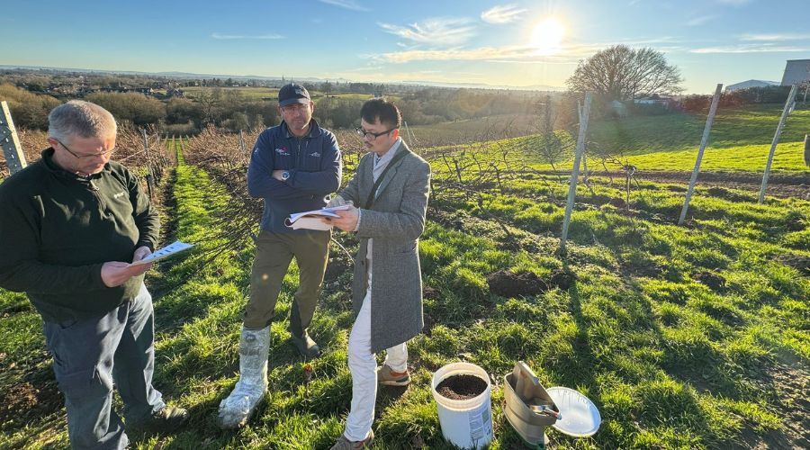 Carlos Kao, of Lohas Fertiliser, standing talking to winemaker Gavin in a vineyard, holding a clipboard, with a bucket of fertiliser pellets next to them