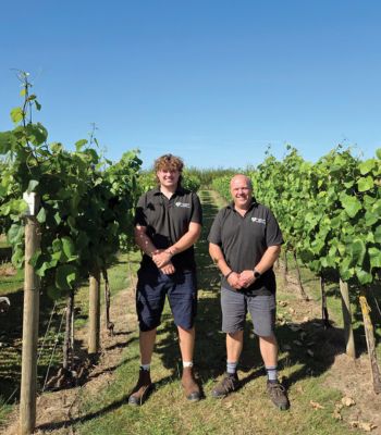 Tim Spakouskas, director of Yorkshire Heart Vineyard in York, began using AntiFrost in May 2025. He is pictured (right) with son Henry